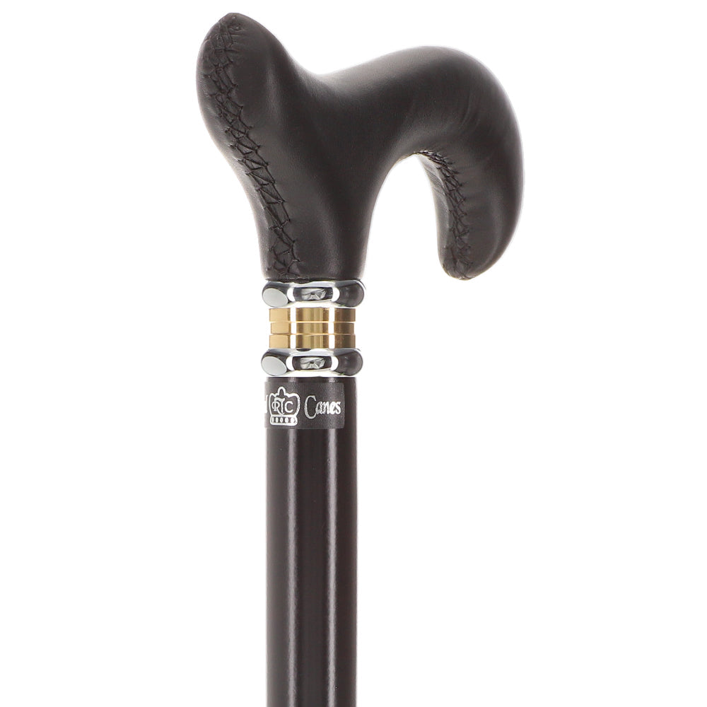 Soft Genuine Leather Grip Derby Cane: Sleek Black Beechwood Shaft Leather Handle Walking Cane - Tophatter Daily Deals