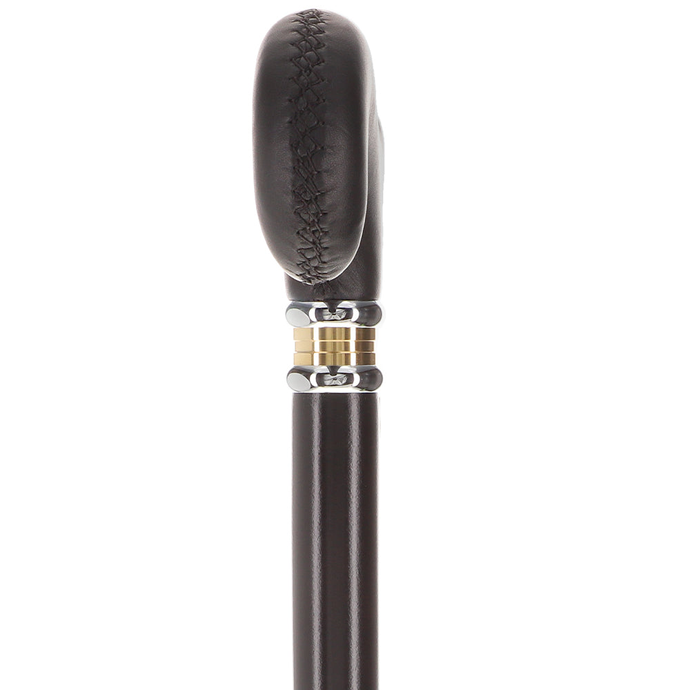 Soft Genuine Leather Grip Derby Cane: Sleek Black Beechwood Shaft Leather Handle Walking Cane - Tophatter Daily Deals