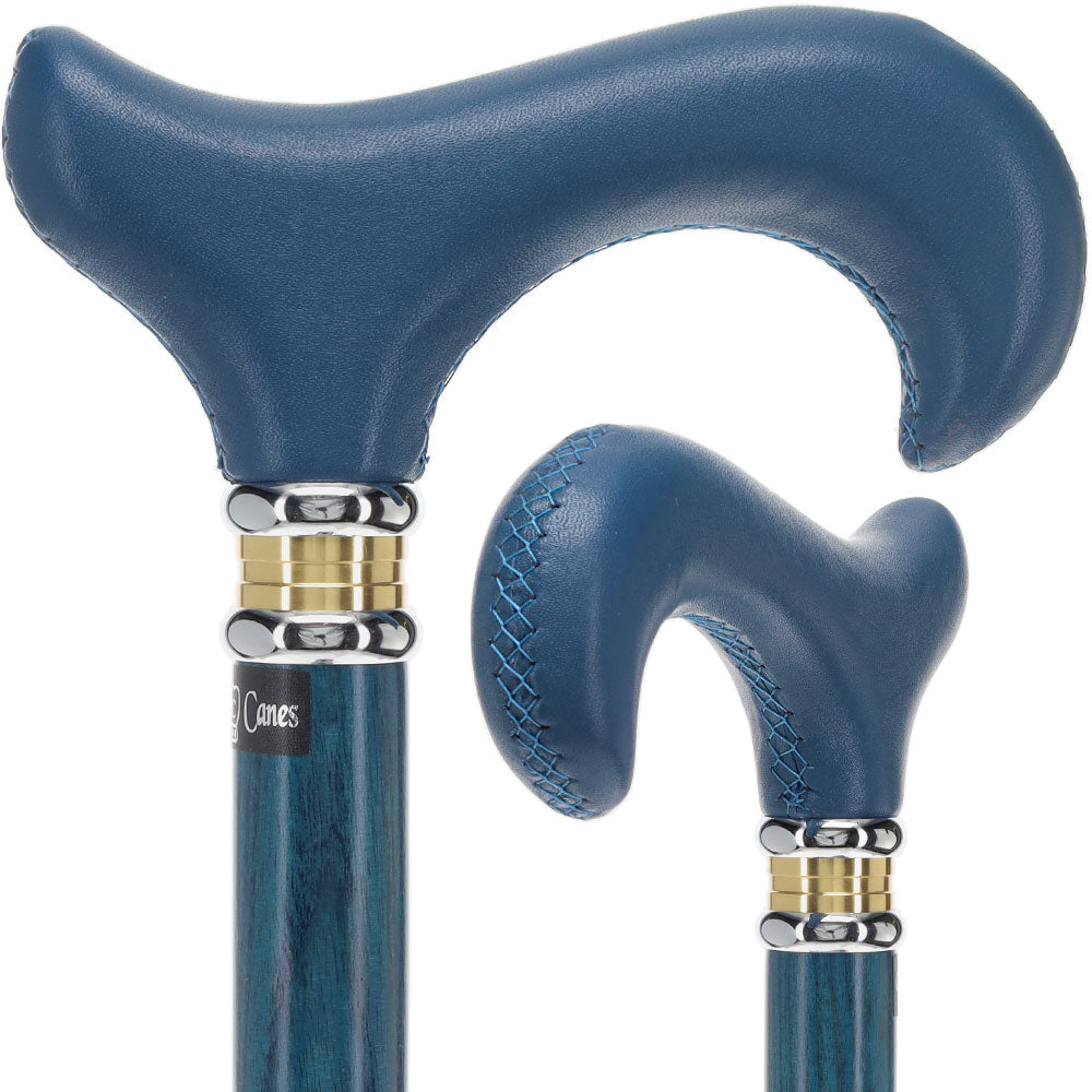 Blue Soft Leather Derby Walking Cane With Blue Stained Ash Wood Shaft and Two-tone Collar Leather Handle Walking Cane - Tophatter Daily Deals