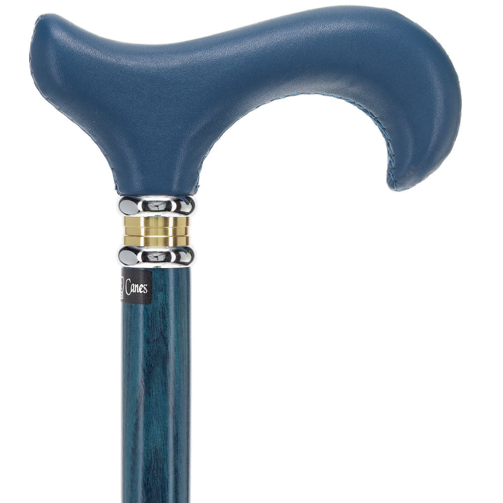 Blue Soft Leather Derby Walking Cane With Blue Stained Ash Wood Shaft and Two-tone Collar Leather Handle Walking Cane - Tophatter Daily Deals