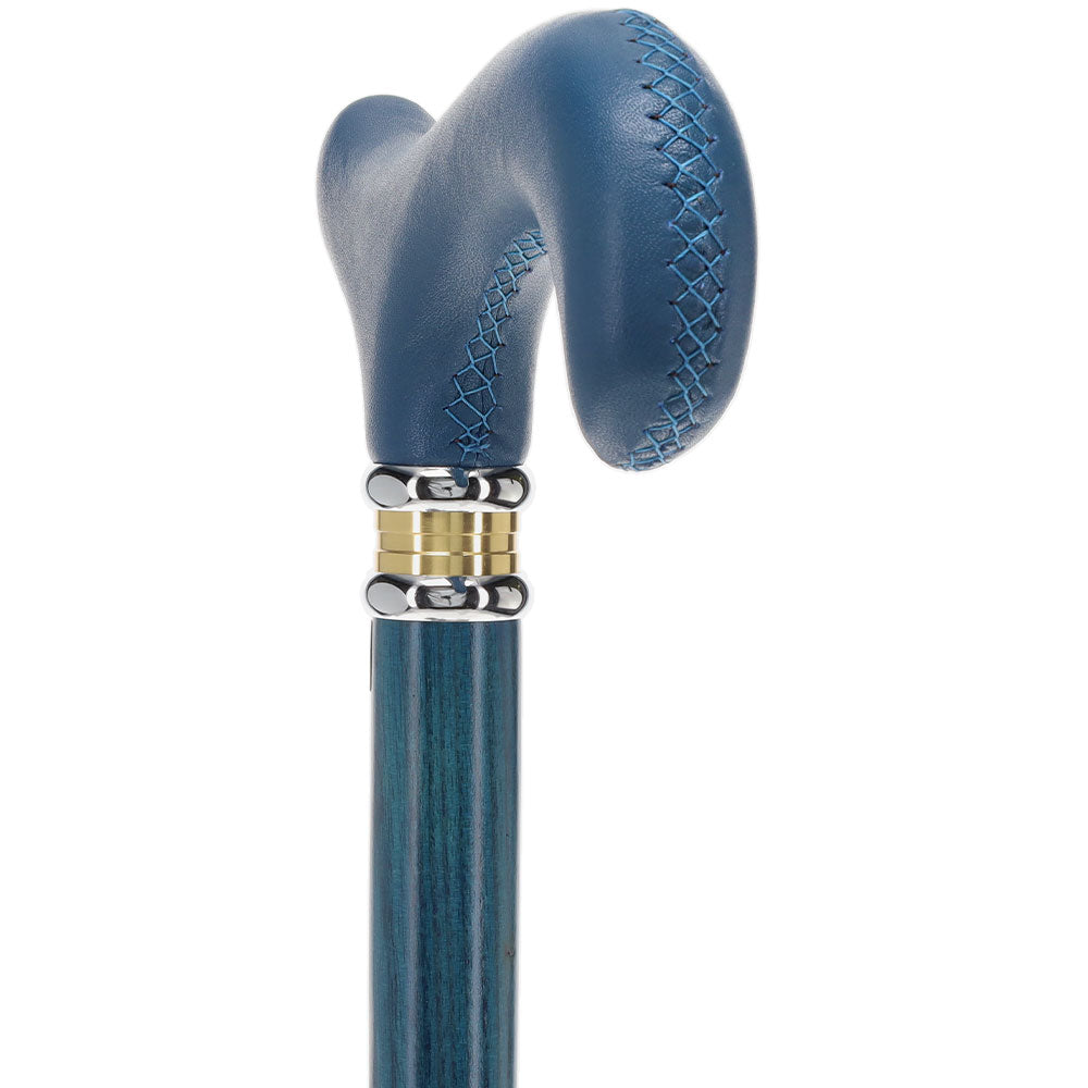 Blue Soft Leather Derby Walking Cane With Blue Stained Ash Wood Shaft and Two-tone Collar Leather Handle Walking Cane - Tophatter Daily Deals
