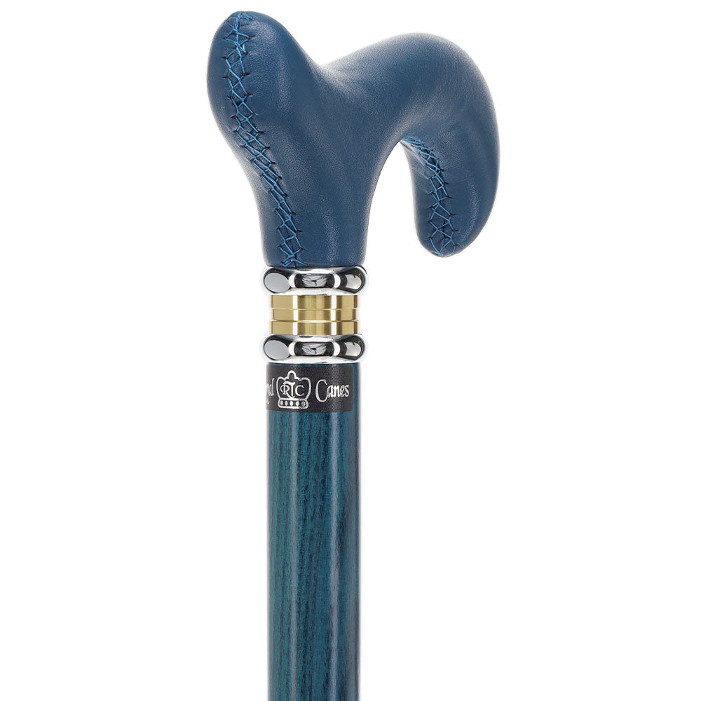 Blue Soft Leather Derby Walking Cane With Blue Stained Ash Wood Shaft and Two-tone Collar Leather Handle Walking Cane - Tophatter Daily Deals