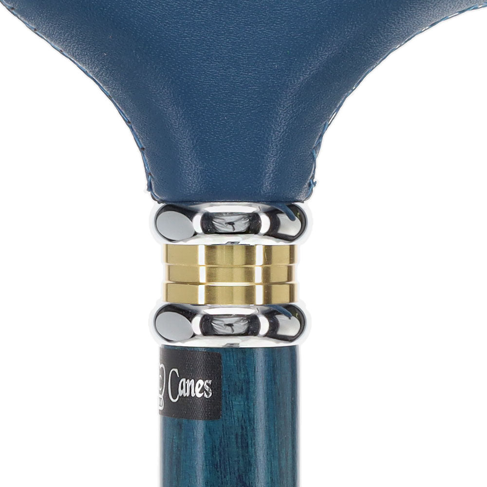 Blue Soft Leather Derby Walking Cane With Blue Stained Ash Wood Shaft and Two-tone Collar Leather Handle Walking Cane - Tophatter Daily Deals