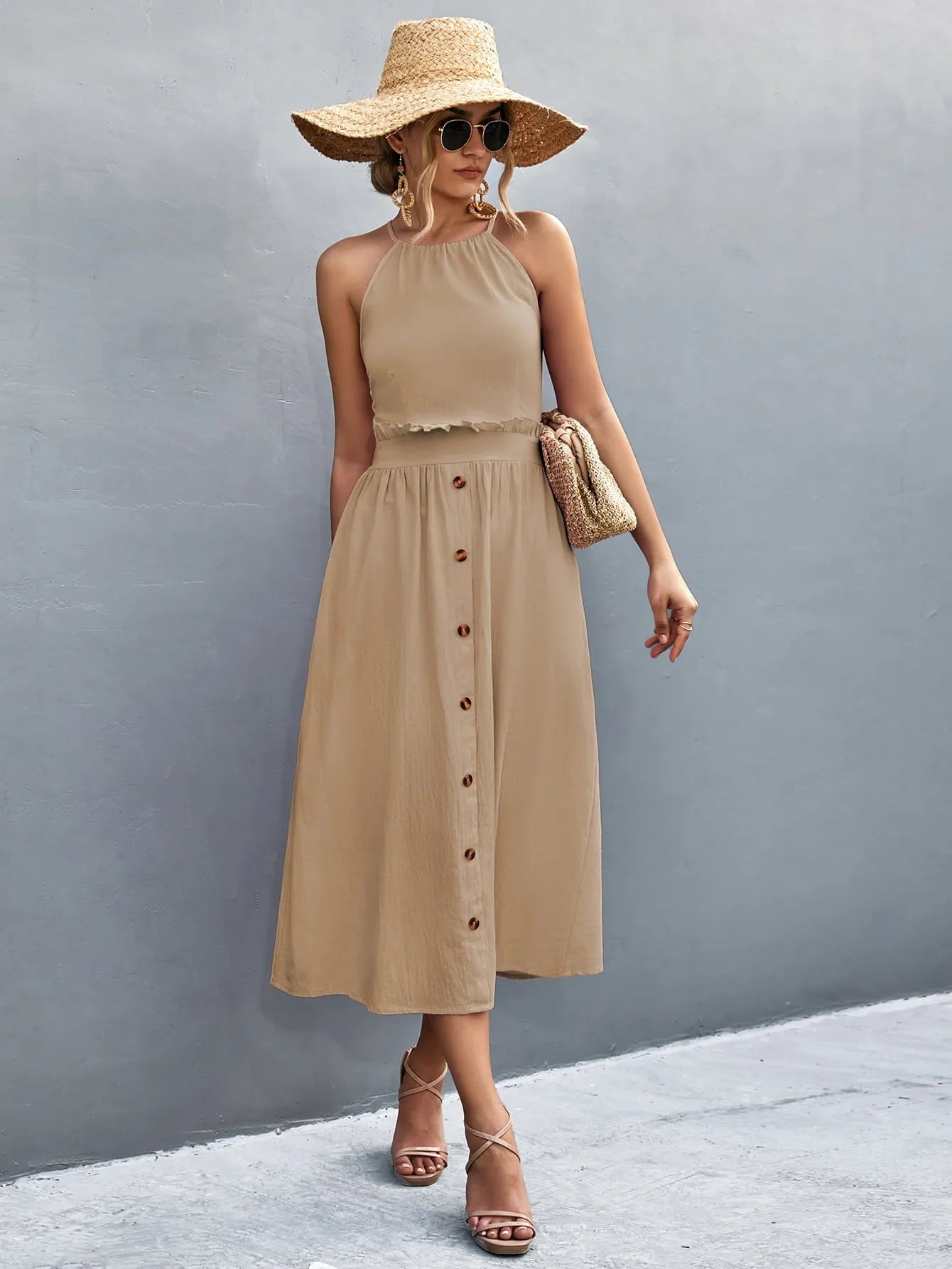 Buttoned Halter Neck Frill Trim Midi Dress Casual Dresses - Tophatter Daily Deals