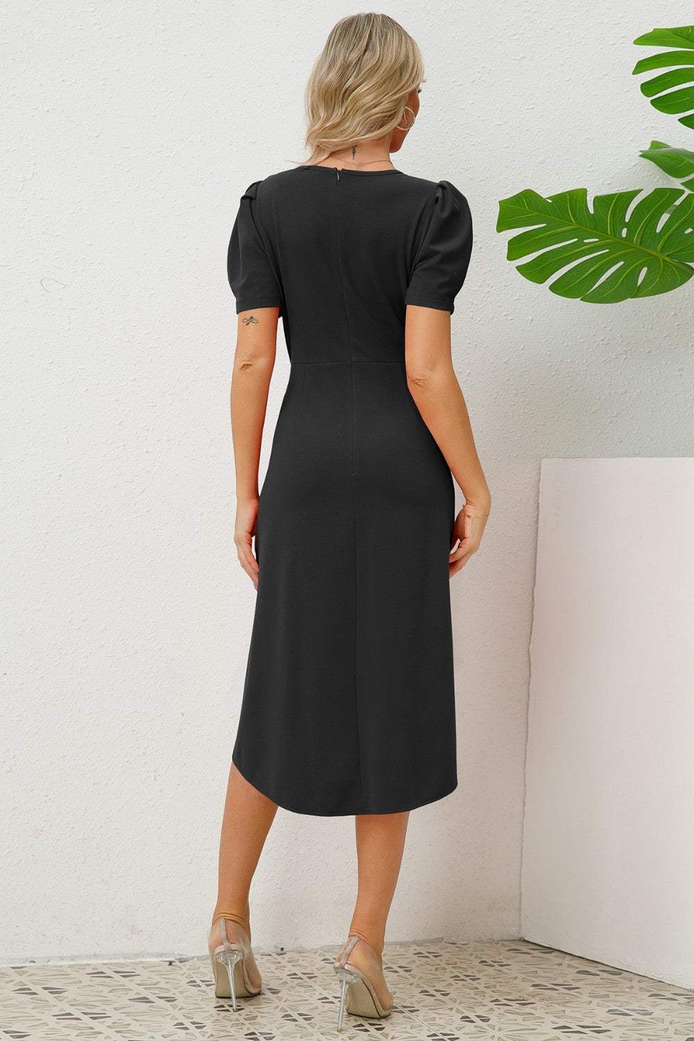 Slit Ruched Round Neck Puff Sleeve Dress Casual Dresses - Tophatter Daily Deals