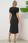 Slit Ruched Round Neck Puff Sleeve Dress Casual Dresses - Tophatter Daily Deals