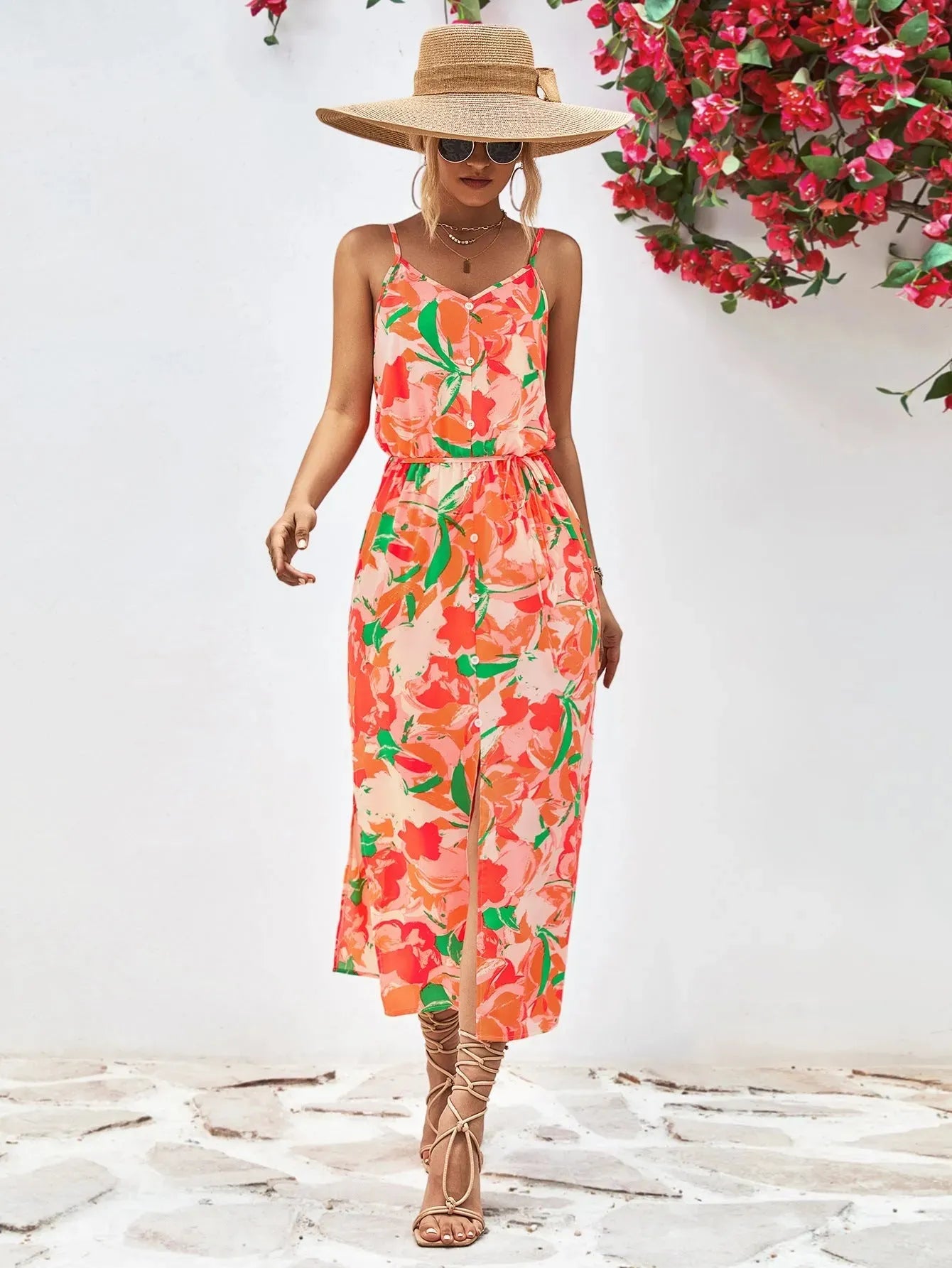 Printed Spaghetti Strap Front Slit Dress Orange Casual Dresses - Tophatter Daily Deals