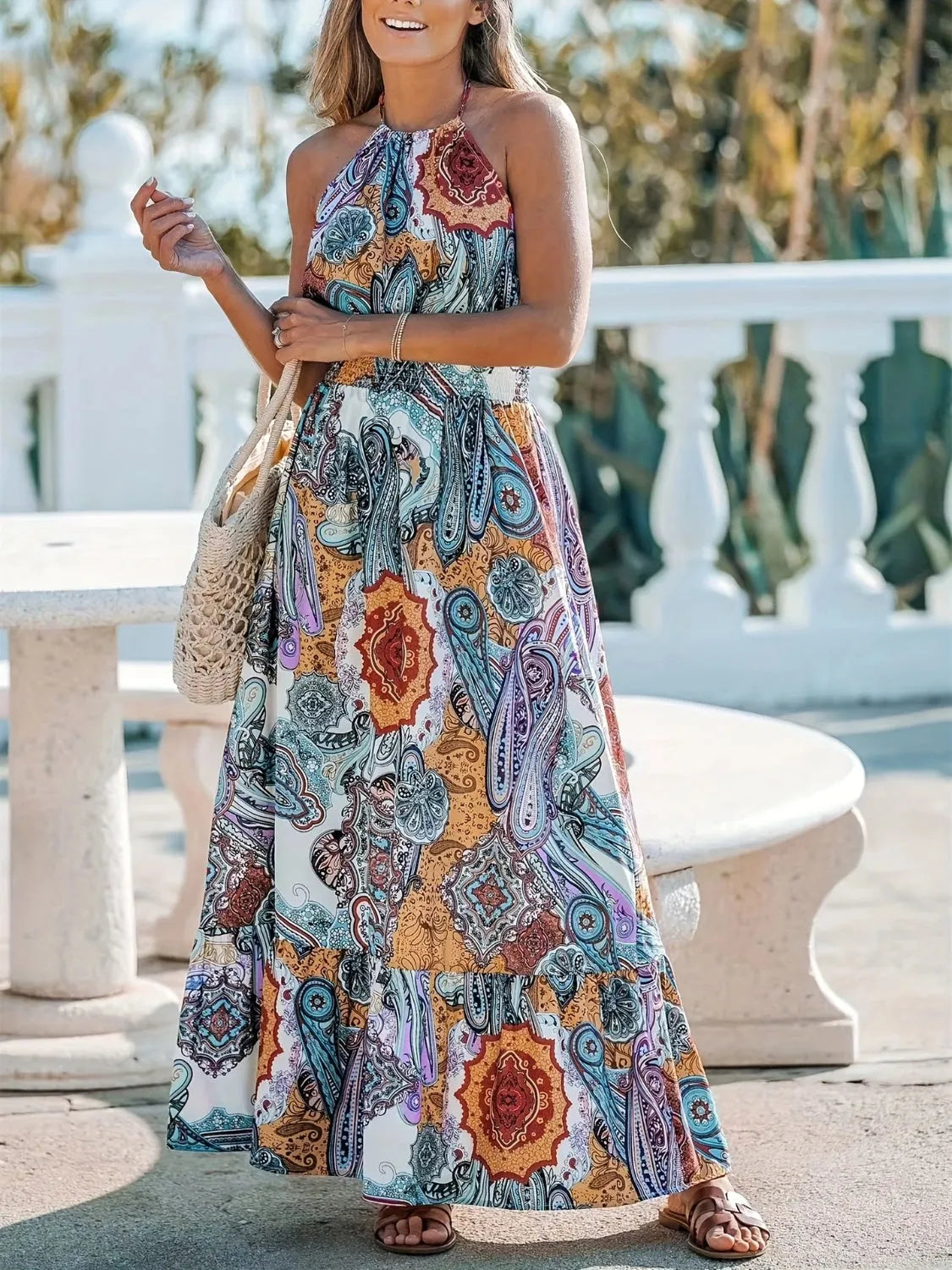 Printed Halter Neck Maxi Dress Casual Dresses - Tophatter Daily Deals