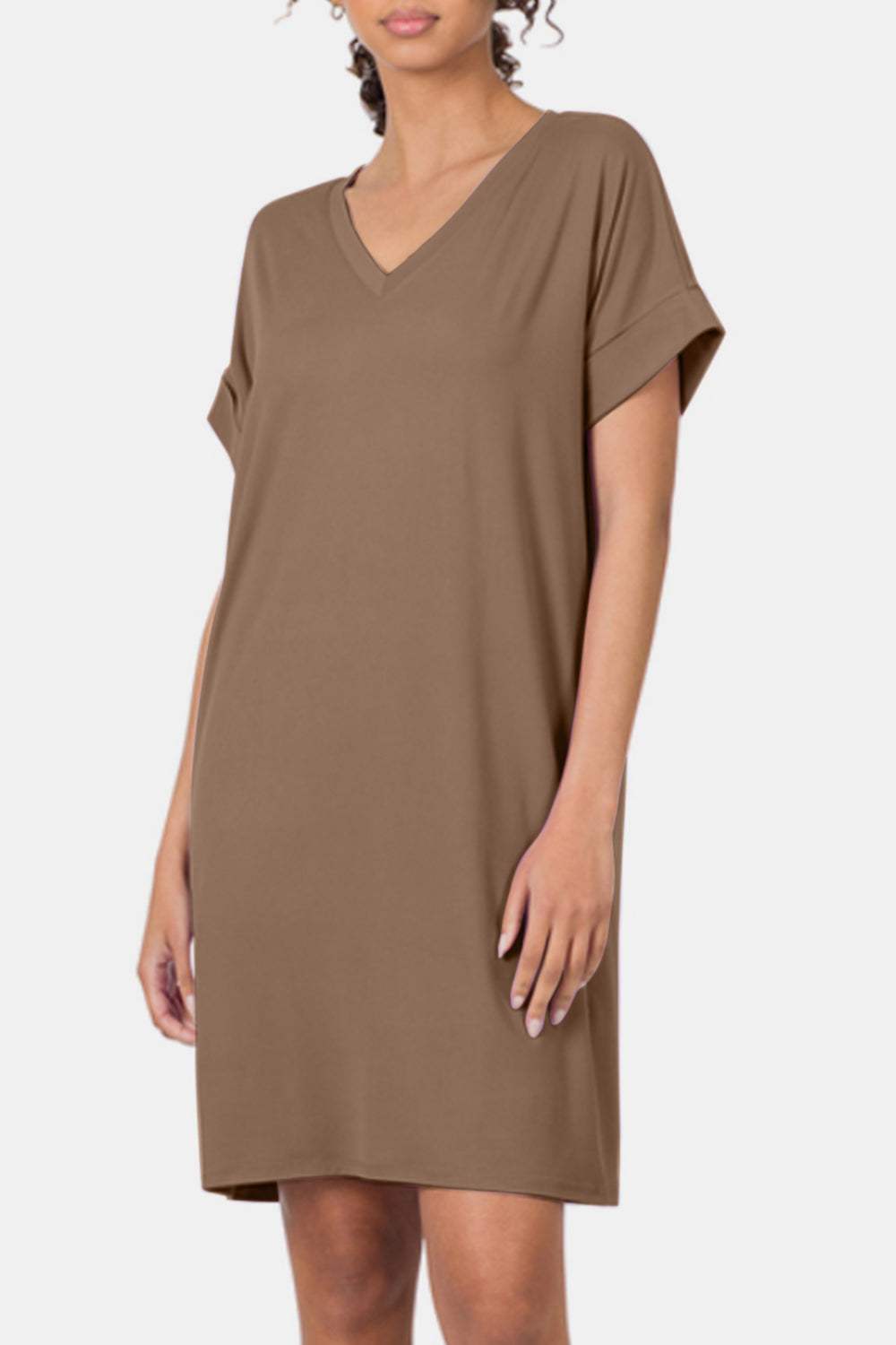 Zenana Rolled Short Sleeve V-Neck Dress Casual Dresses - Tophatter Daily Deals