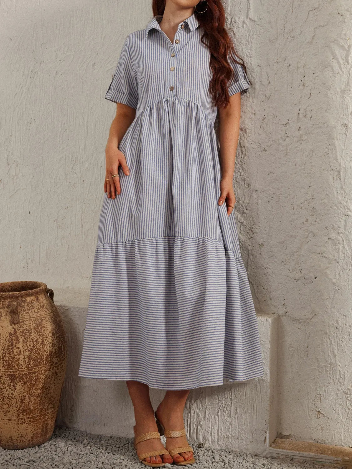 Striped Collared Neck Short Sleeve Dress Casual Dresses - Tophatter Daily Deals