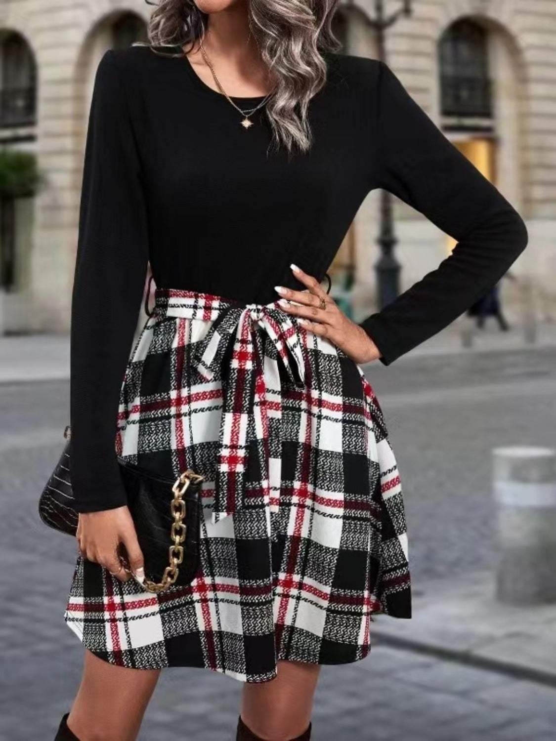 Tied Plaid Round Neck Long Sleeve Dress Black Casual Dresses - Tophatter Daily Deals