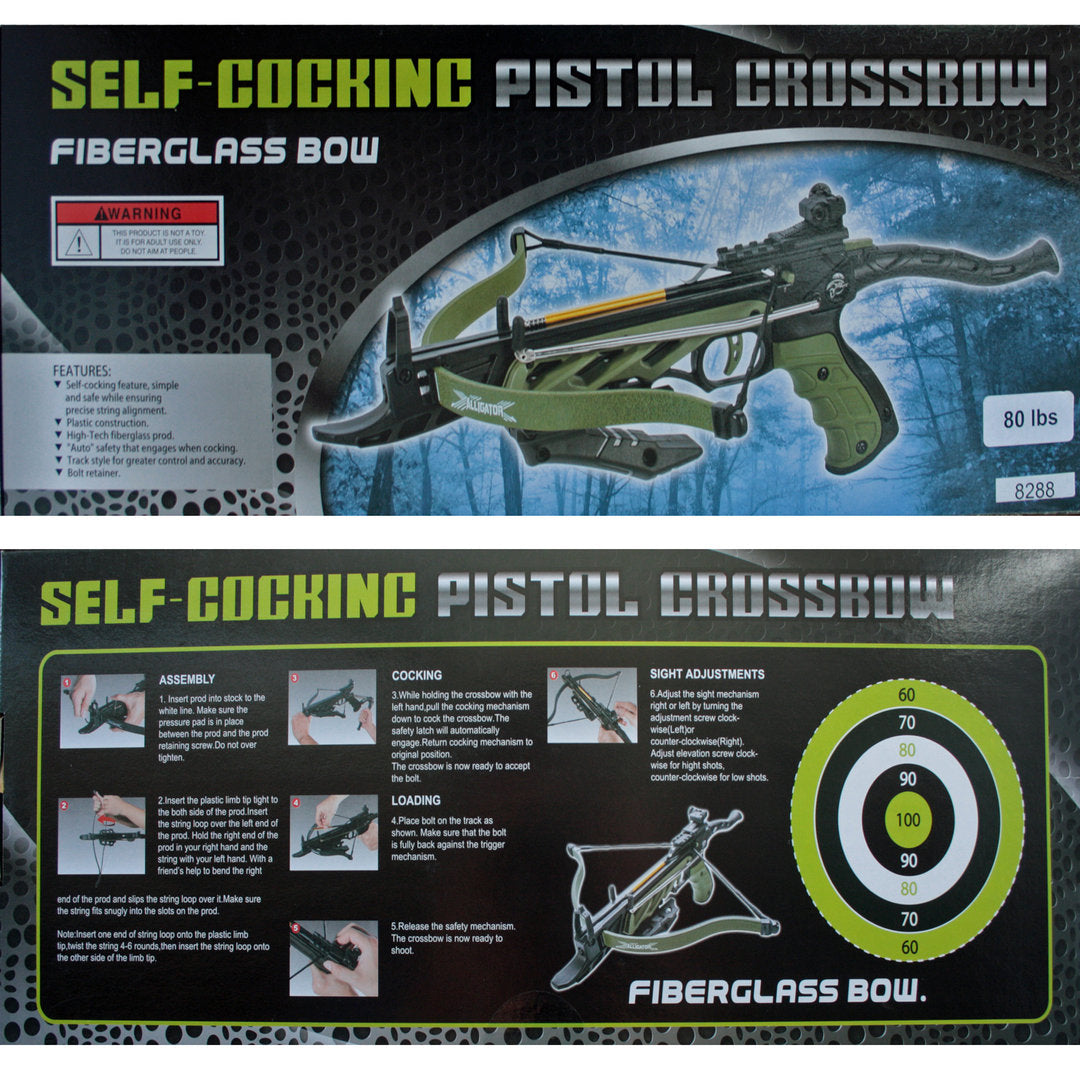 80 lb Pistol Crossbow ALLIGATOR w/ GRIP Bolts Archery Gun - Self Cocking Crossbow - Tophatter Daily Deals