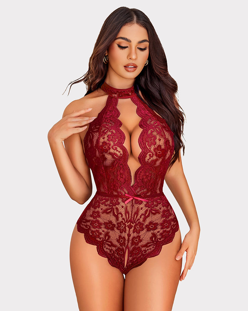 Halter Lace Bodysuit V Neck Teddy Wine Red Lingeries-Bodysuits - Tophatter Daily Deals