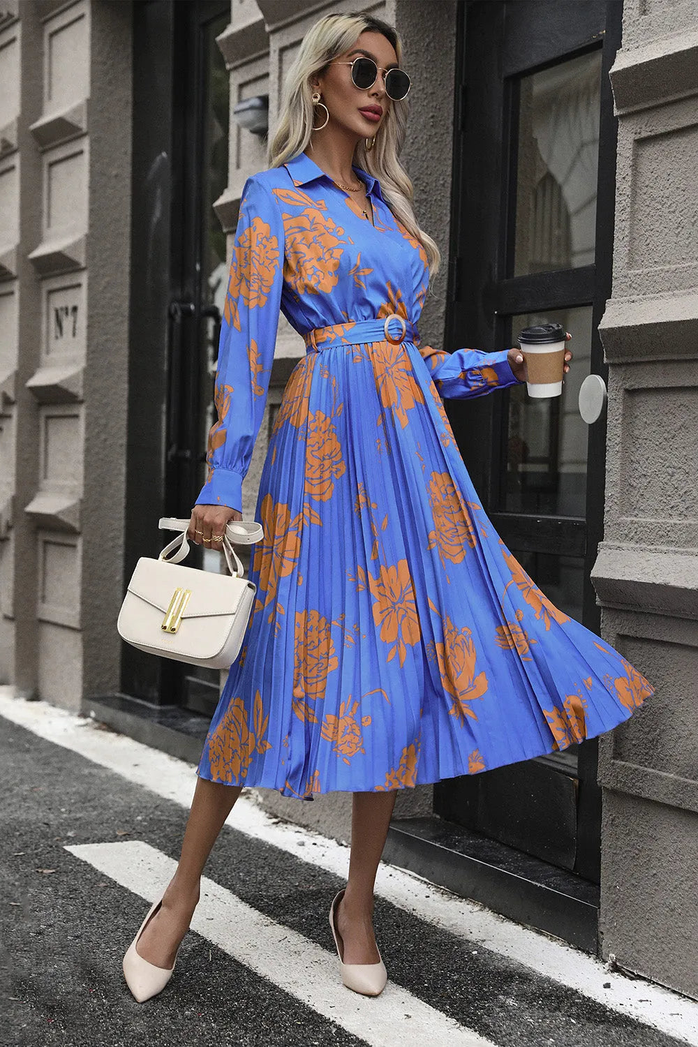 Floral Pleated Surplice Long Sleeve Midi Dress Casual Dresses - Tophatter Daily Deals