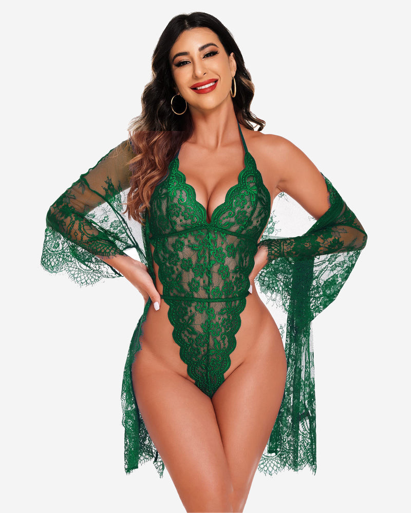 2 Piece Set Lace Robe with Teddy (DE Only) Green Sleepwears-Robes - Tophatter Daily Deals