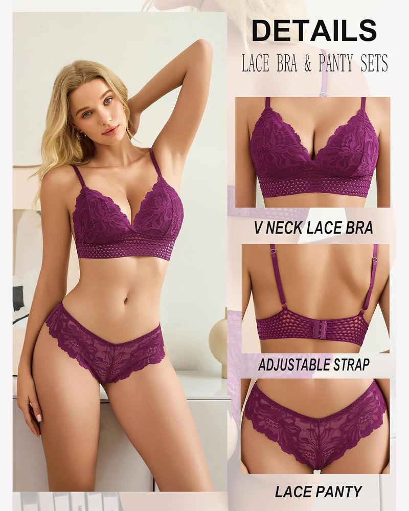 Lace 2 Piece Lace Bralette and Panty Set Purple Lingerie Sets-Bra Sets - Tophatter Daily Deals