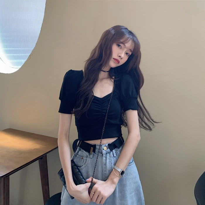 Bubble Sleeve Knitted Short Sleeve T-shirt Women''s Summer Short 0 - Tophatter Daily Deals