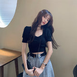 Bubble Sleeve Knitted Short Sleeve T-shirt Women''s Summer Short 0 - Tophatter Daily Deals