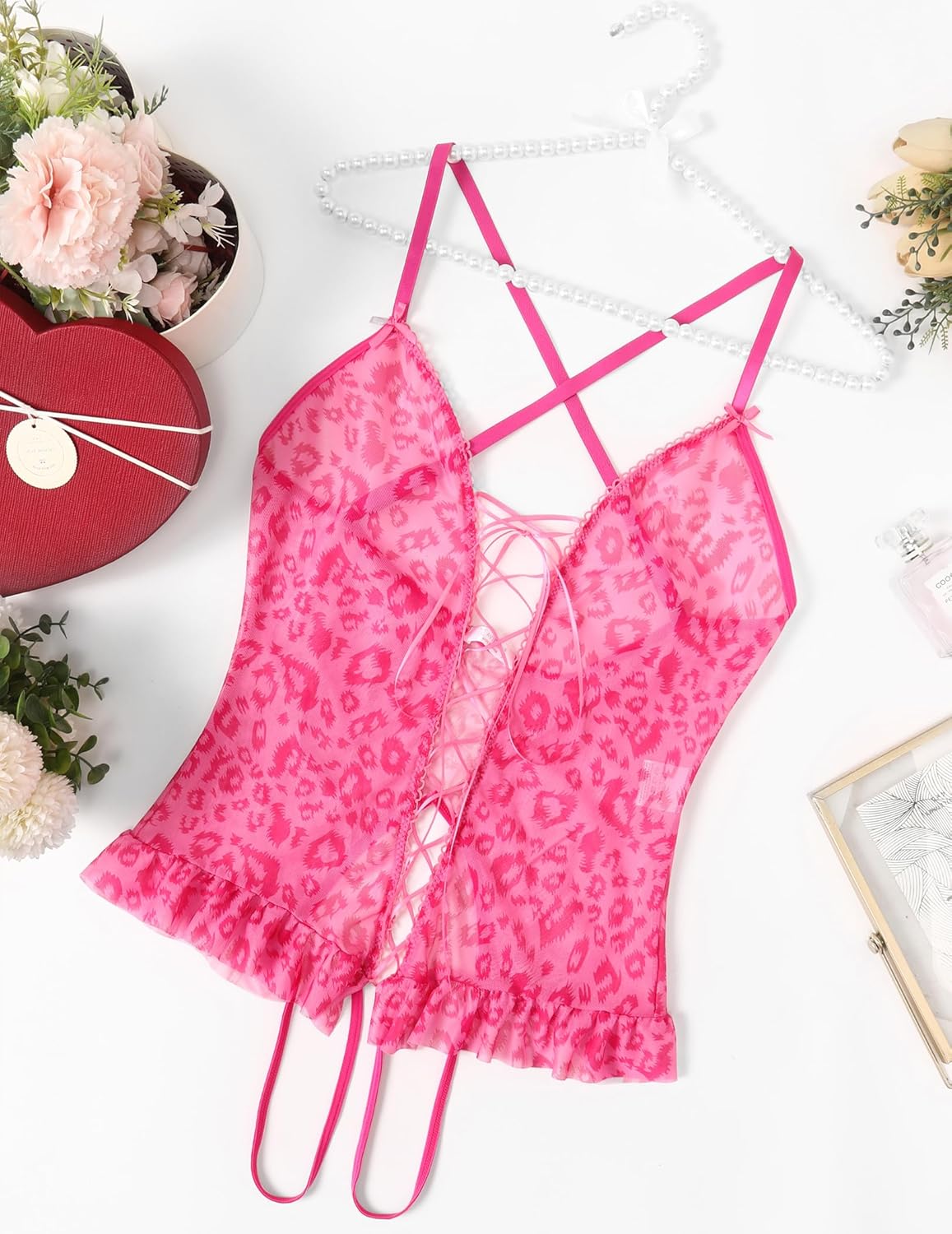 Floral Print Corset Ruffle Lace Up Bodysuit Leopard Rose Lingeries-Bodysuits - Tophatter Daily Deals