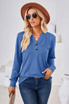 Notched Button Detail Long Sleeve T-Shirt Sky Blue Women's T-Shirts - Tophatter Daily Deals