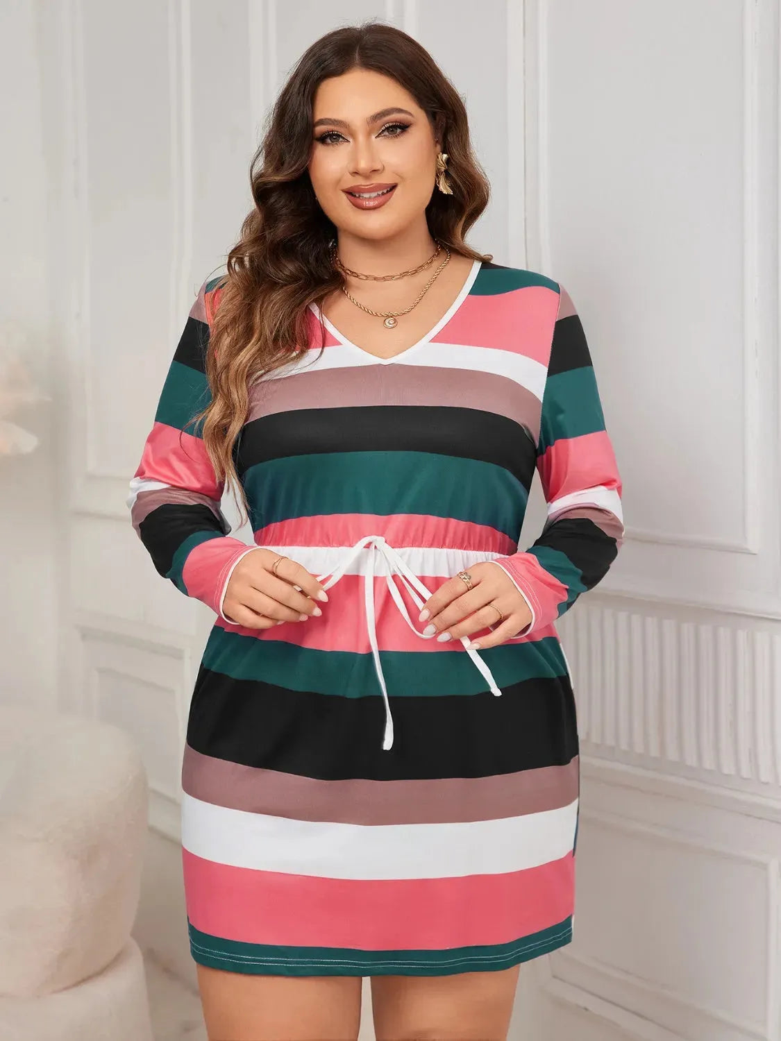 Plus Size Striped V-Neck Long Sleeve Mini Dress Casual Dresses - Tophatter Daily Deals