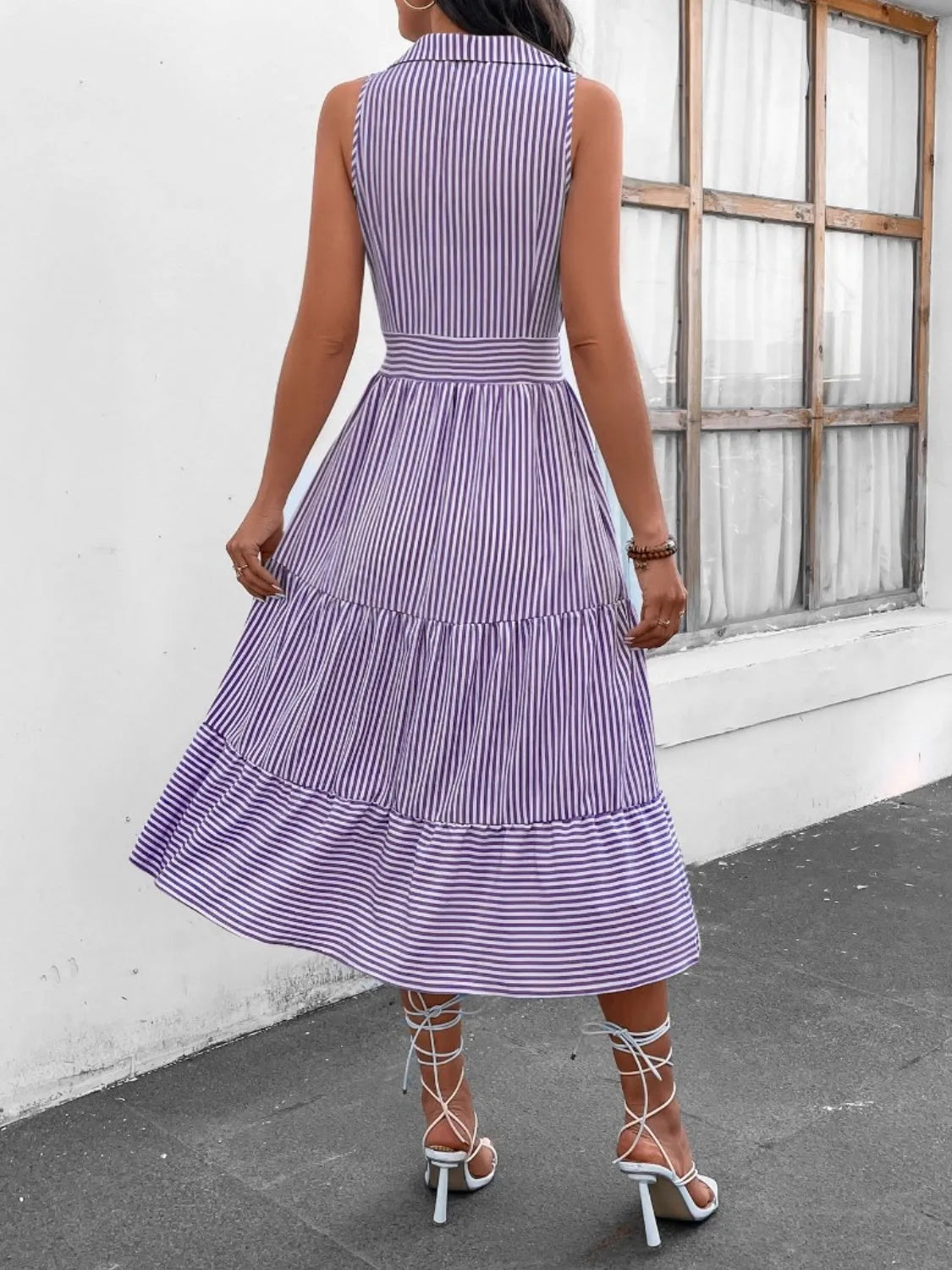 Striped Johnny Collar Sleeveless Midi Dress Casual Dresses - Tophatter Daily Deals