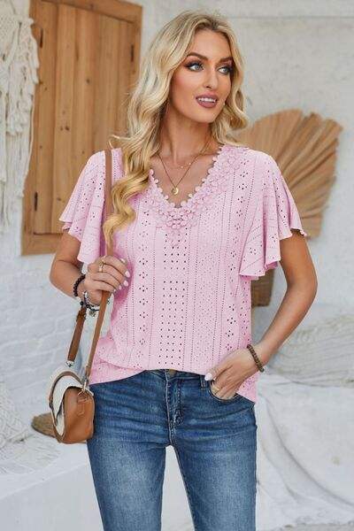 Eyelet Applique V-Neck Cap Sleeve T-Shirt Blush Pink Women's T-Shirts - Tophatter Daily Deals