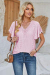 Eyelet Applique V-Neck Cap Sleeve T-Shirt Blush Pink Women's T-Shirts - Tophatter Daily Deals