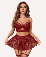 3Pcs Sets Bralette and Panty with Lace Skirt Wine Red Lingerie Sets-Skirt Sets - Tophatter Daily Deals