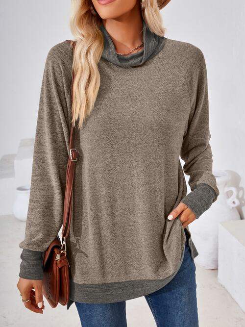 Contrast Mock Neck Long Sleeve T-Shirt Taupe Women's T-Shirts - Tophatter Daily Deals