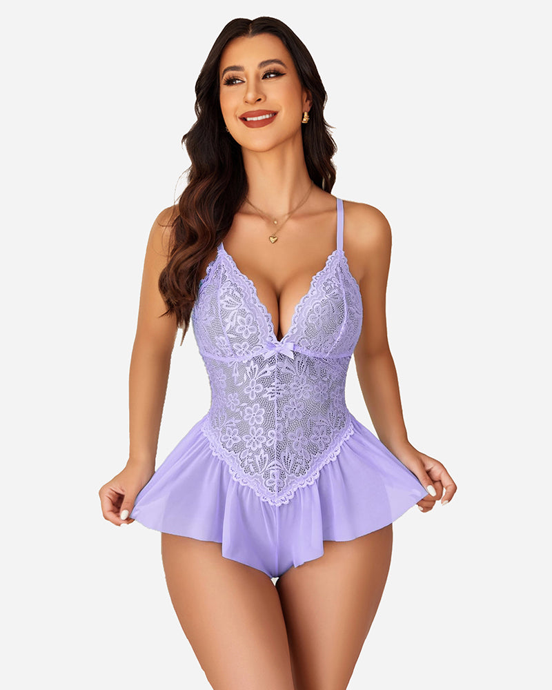 Lace Bodysuit One Piece Teddy Lilac Lingeries-Bodysuits - Tophatter Daily Deals