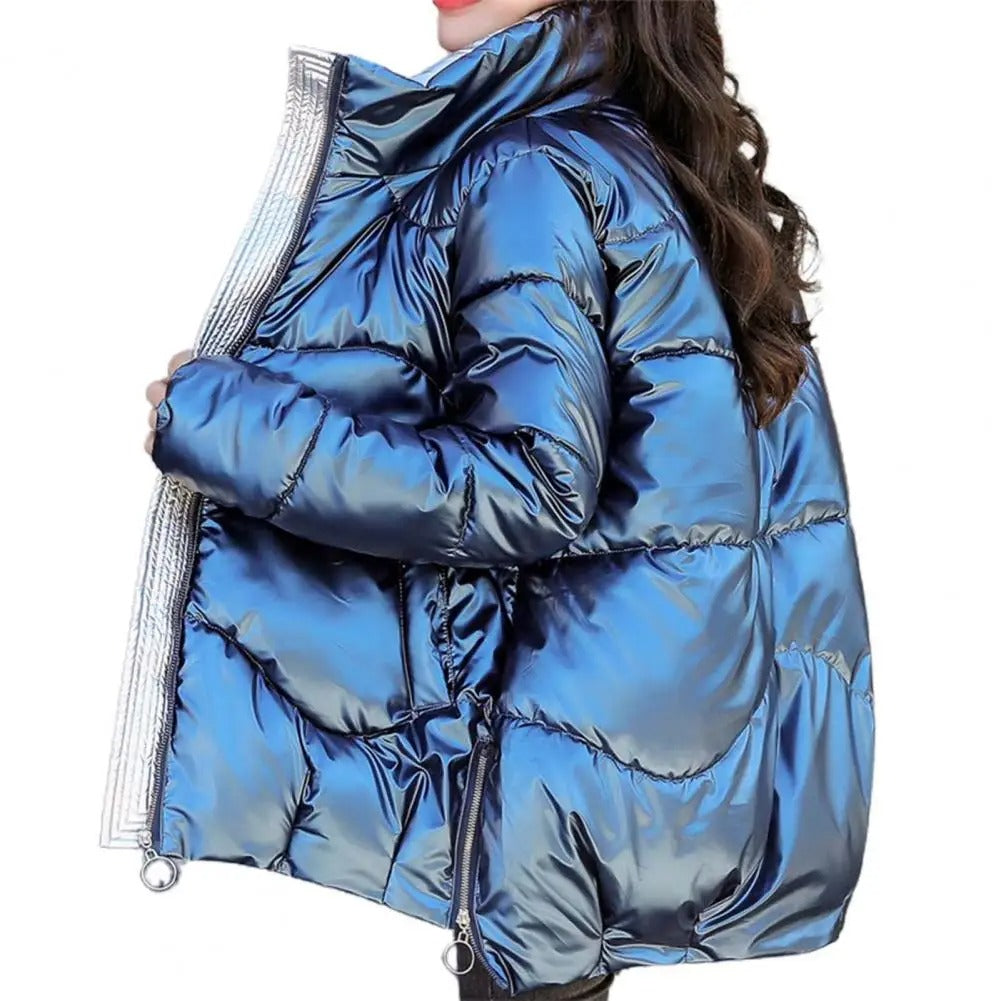 Warm Women’s Puffer Jacket - Cozy Glossy Shell, City Blue - Tophatter Daily Deals