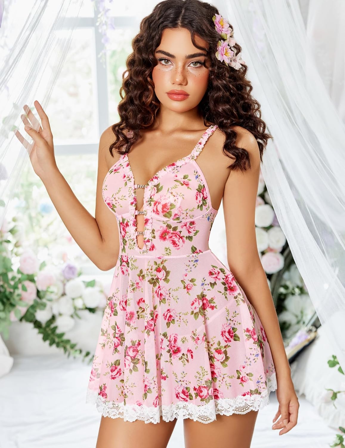 Lace Babydoll Deep V Neck Boudior Outfit White Flower Lingerie-Babydolls - Tophatter Daily Deals