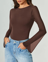 Bell Long Sleeve Bodysuits Mesh Leotard Tops Brown Shaperwear-bodysuit - Tophatter Daily Deals
