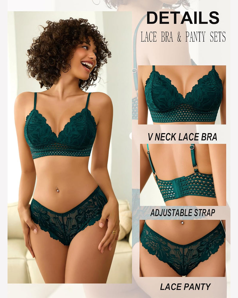 Lace 2 Piece Lace Bralette and Panty Set Green Lingerie Sets-Bra Sets - Tophatter Daily Deals