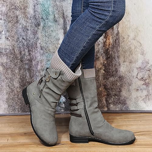 Warm Cozy Women's Mid Calf Winter Boots- Leather, For Winter Gray - Tophatter Daily Deals