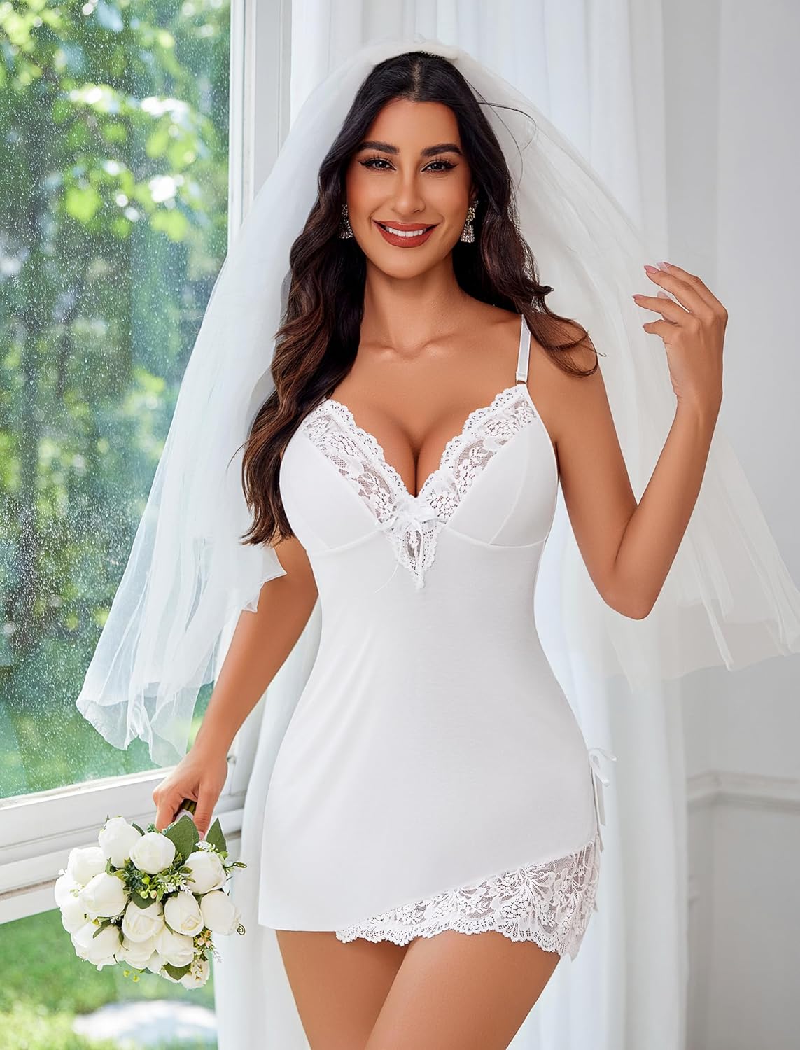 Lace Trim Chemise Side Split Nighty Lingeries-Chemises - Tophatter Daily Deals