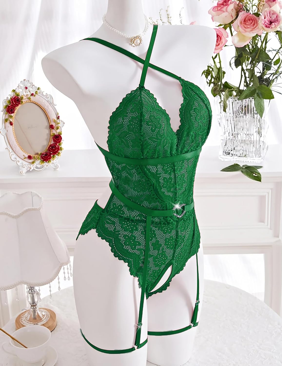 Lace Crotchless Bodysuit with Garter Belt Lingeries-Bodysuits - Tophatter Daily Deals