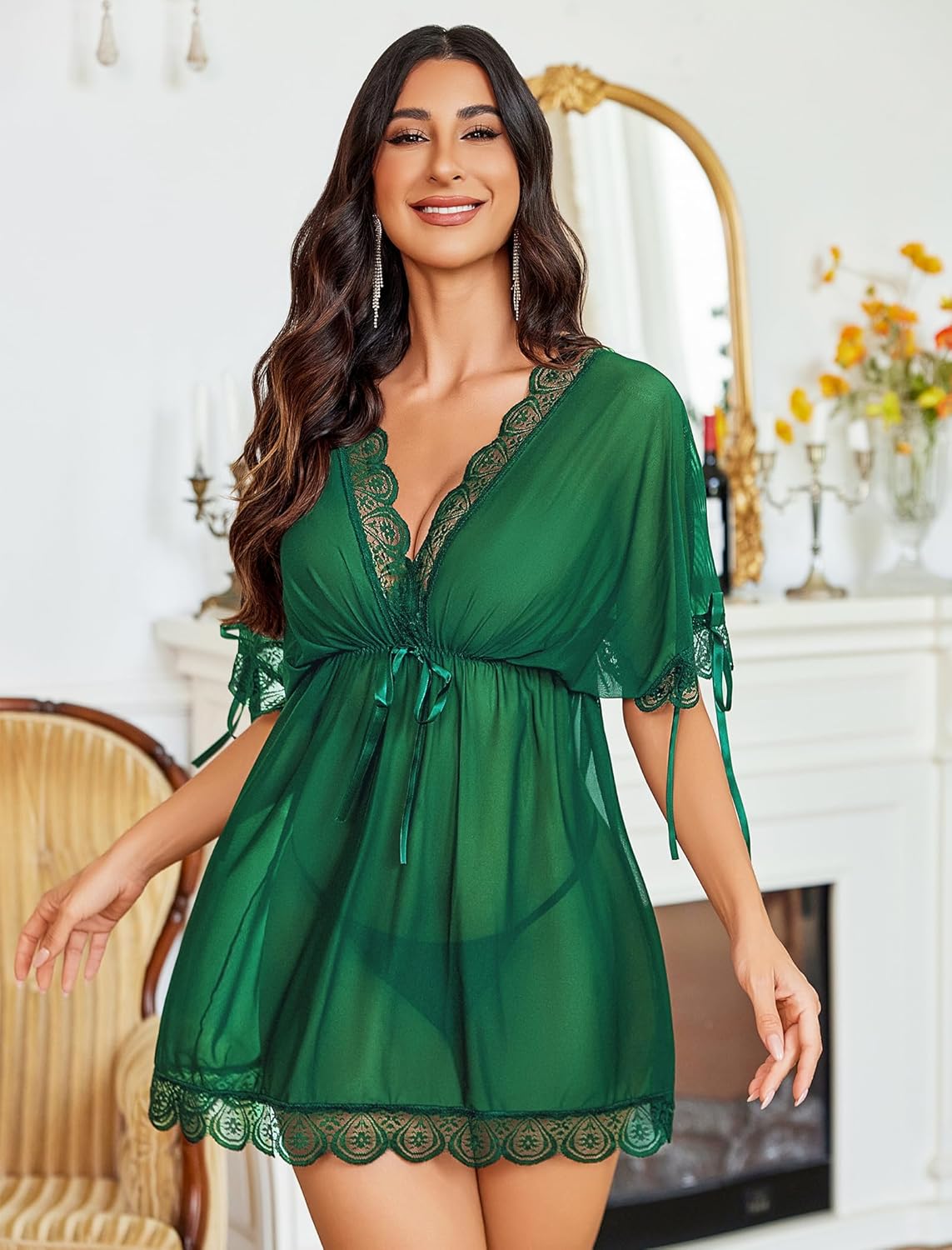 Short Sleeve Ruffle Mesh Dress with Thongs Lingerie-Babydolls - Tophatter Daily Deals