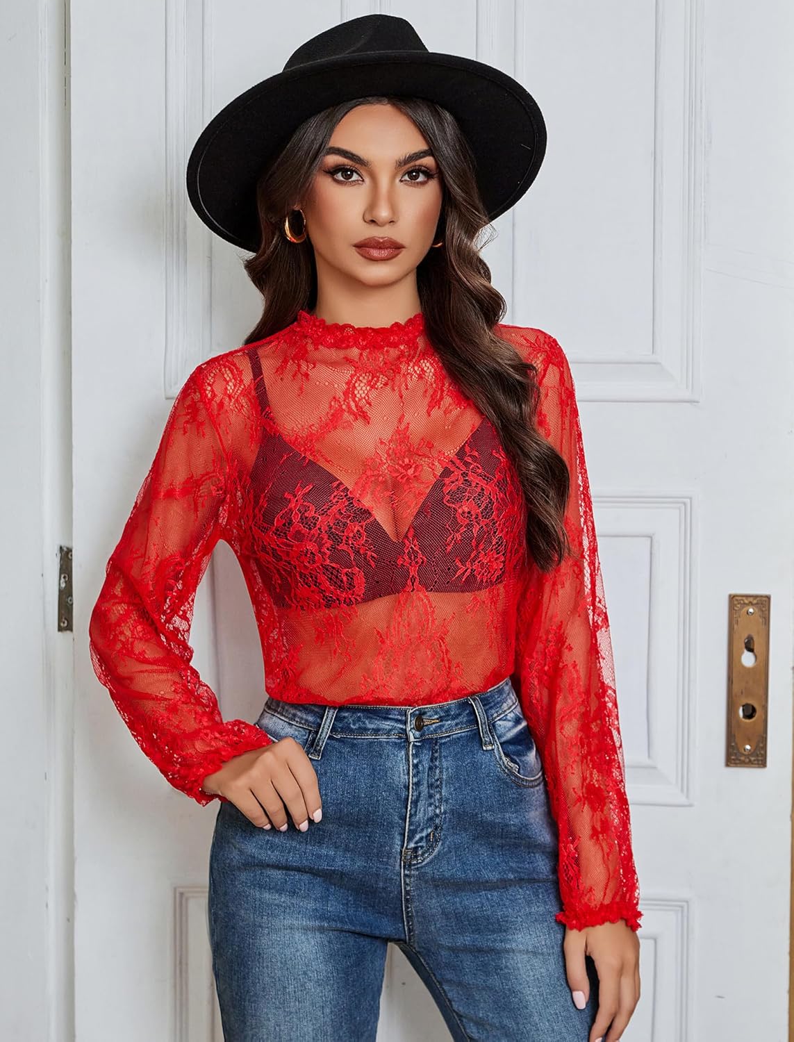Floral Lace Mesh Top Long Sleeve Sheer Shirts Lingeries-Crop tops - Tophatter Daily Deals