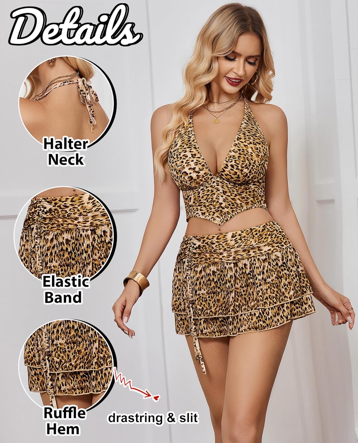 Halter Backless Tank Top Mini Skirt Set Leopard Lingerie Sets-Skirt Sets - Tophatter Daily Deals