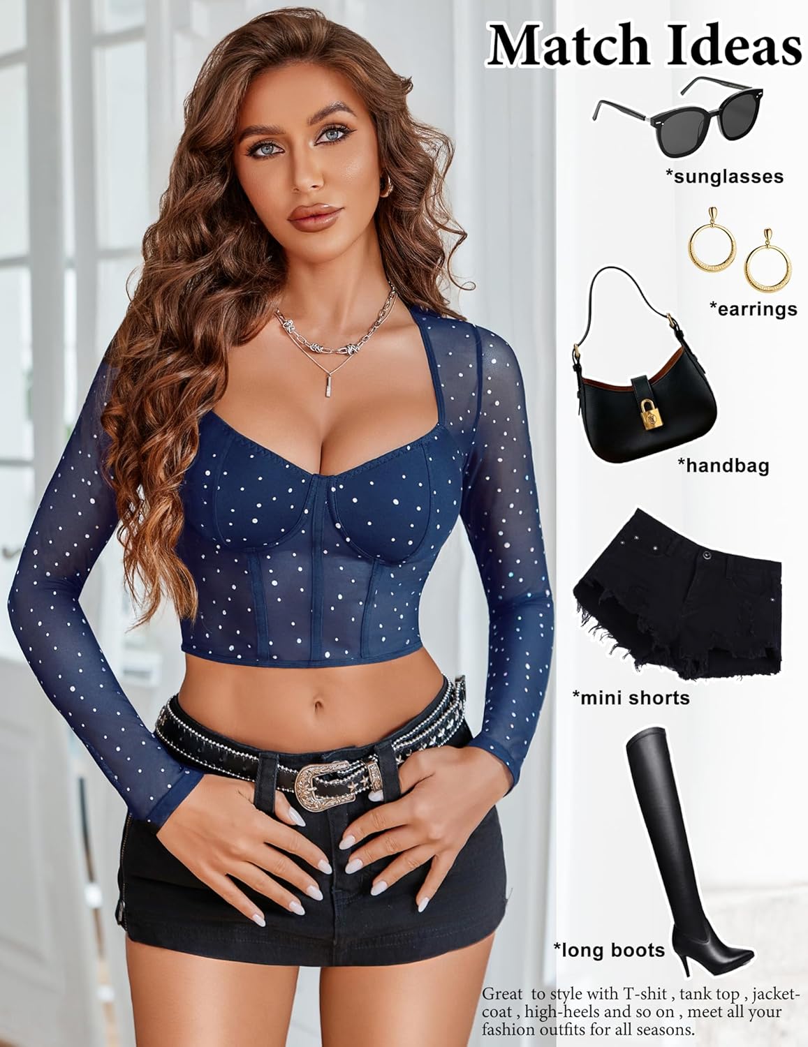 Long Sleeve Rhinestone Crop Top Navy Blue Lingeries-Crop tops - Tophatter Daily Deals