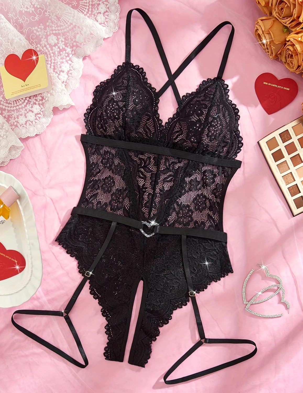 Lace Crotchless Bodysuit with Garter Belt Lingeries-Bodysuits - Tophatter Daily Deals