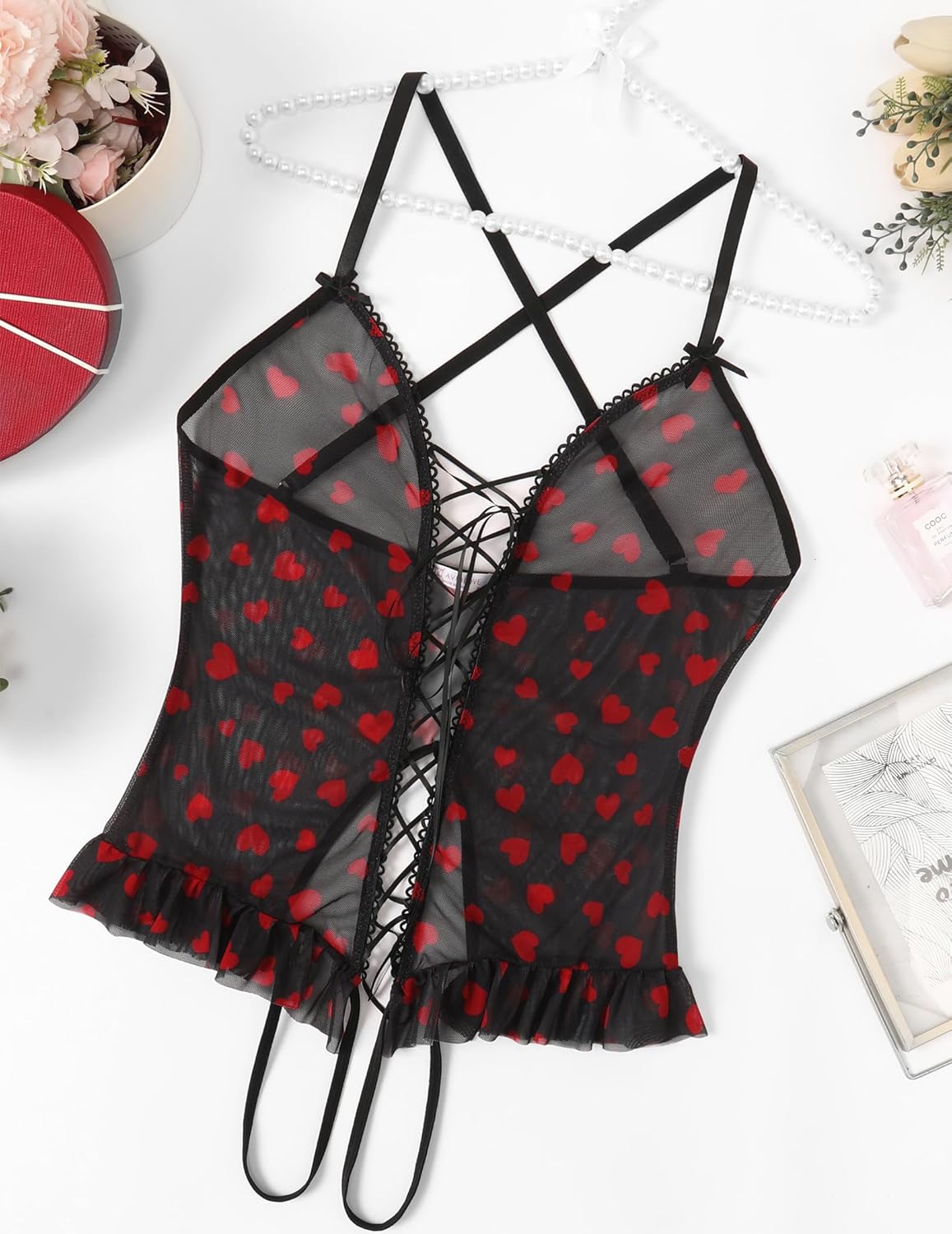Floral Print Corset Ruffle Lace Up Bodysuit Heart Black Lingeries-Bodysuits - Tophatter Daily Deals