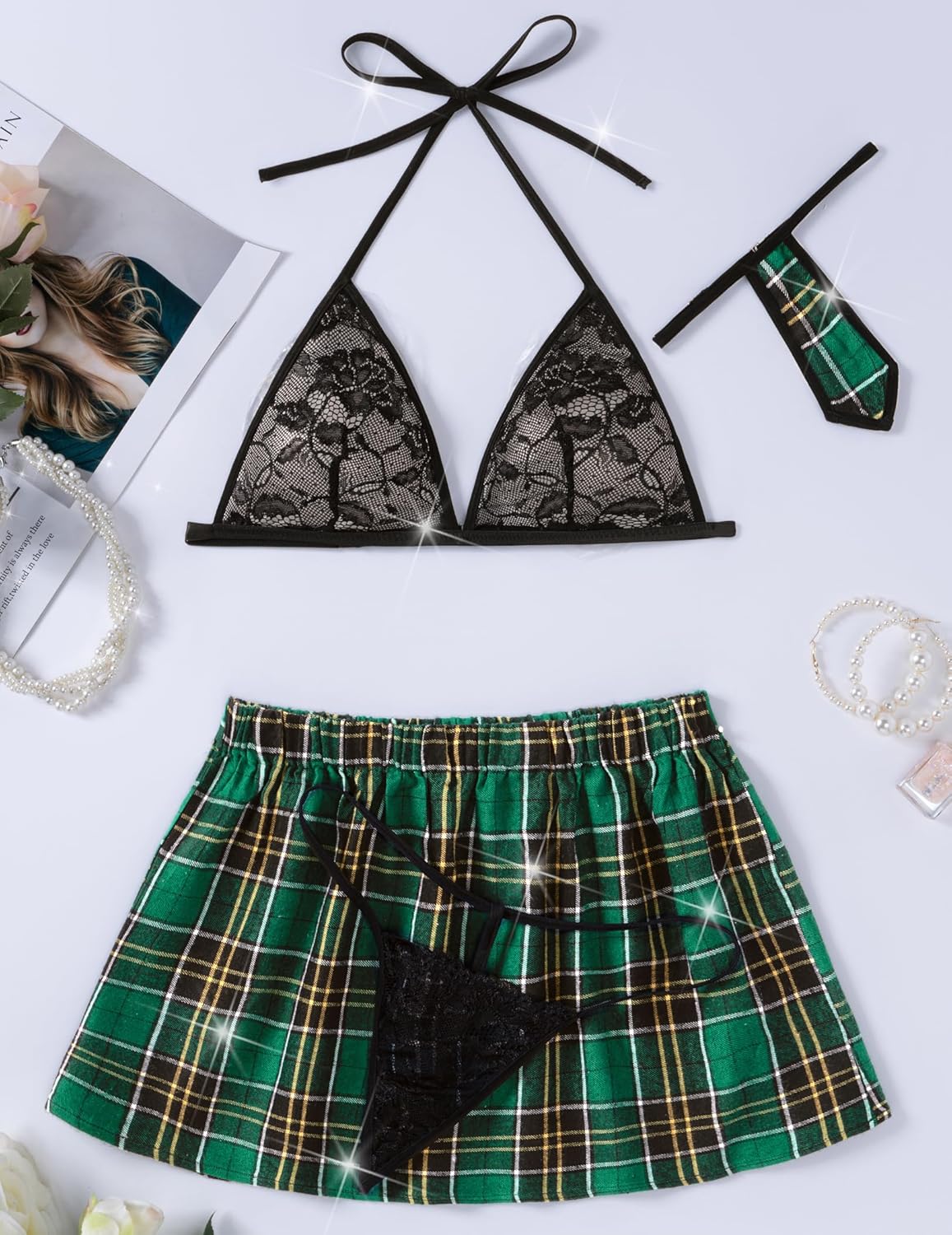 4 Piece with Lace Halter Top+Thong+Plaid Mini Skirt+Necktie Lingerie Sets-Skirt Sets - Tophatter Daily Deals