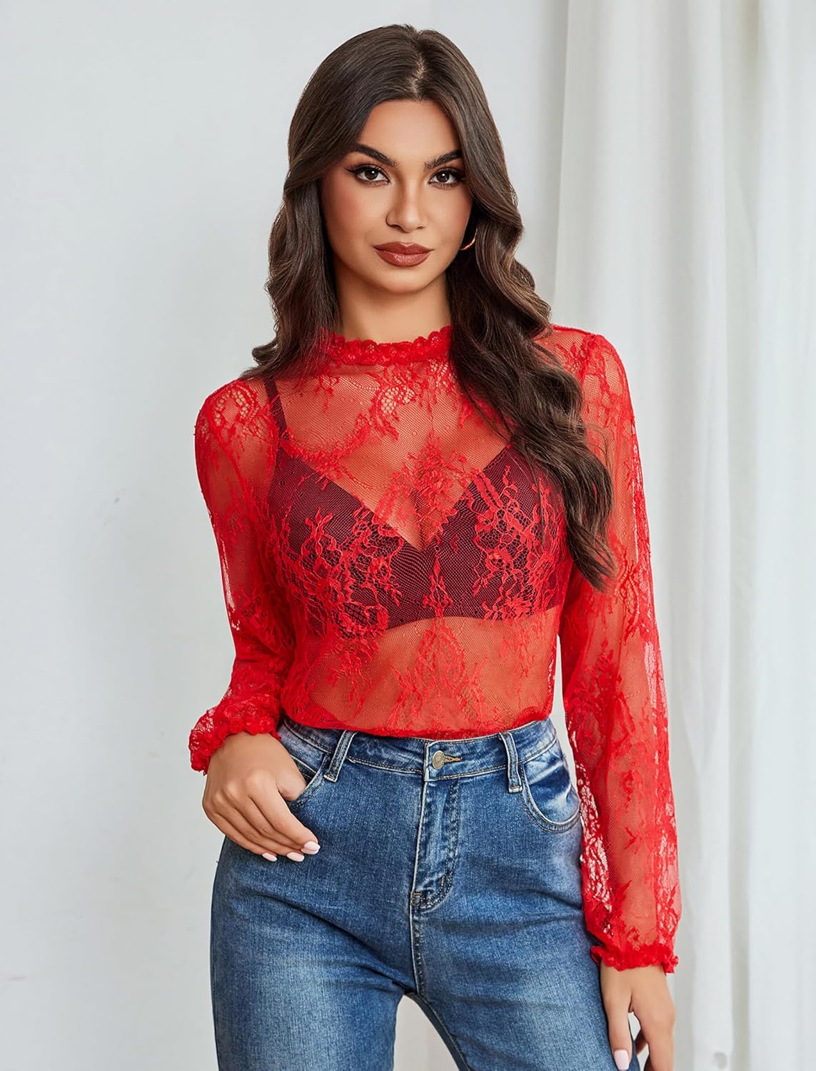 Floral Lace Mesh Top Long Sleeve Sheer Shirts Red Lingeries-Crop tops - Tophatter Daily Deals