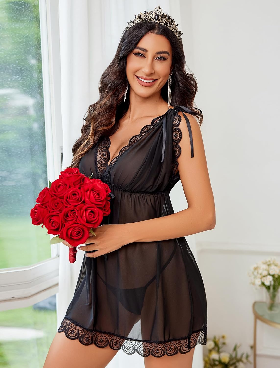 Short Sleeve Ruffle Mesh Dress with Thongs Lingerie-Babydolls - Tophatter Daily Deals