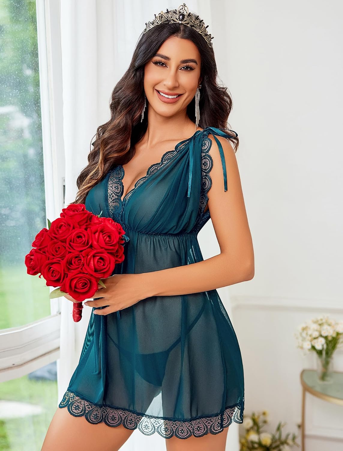 Short Sleeve Ruffle Mesh Dress with Thongs Lingerie-Babydolls - Tophatter Daily Deals