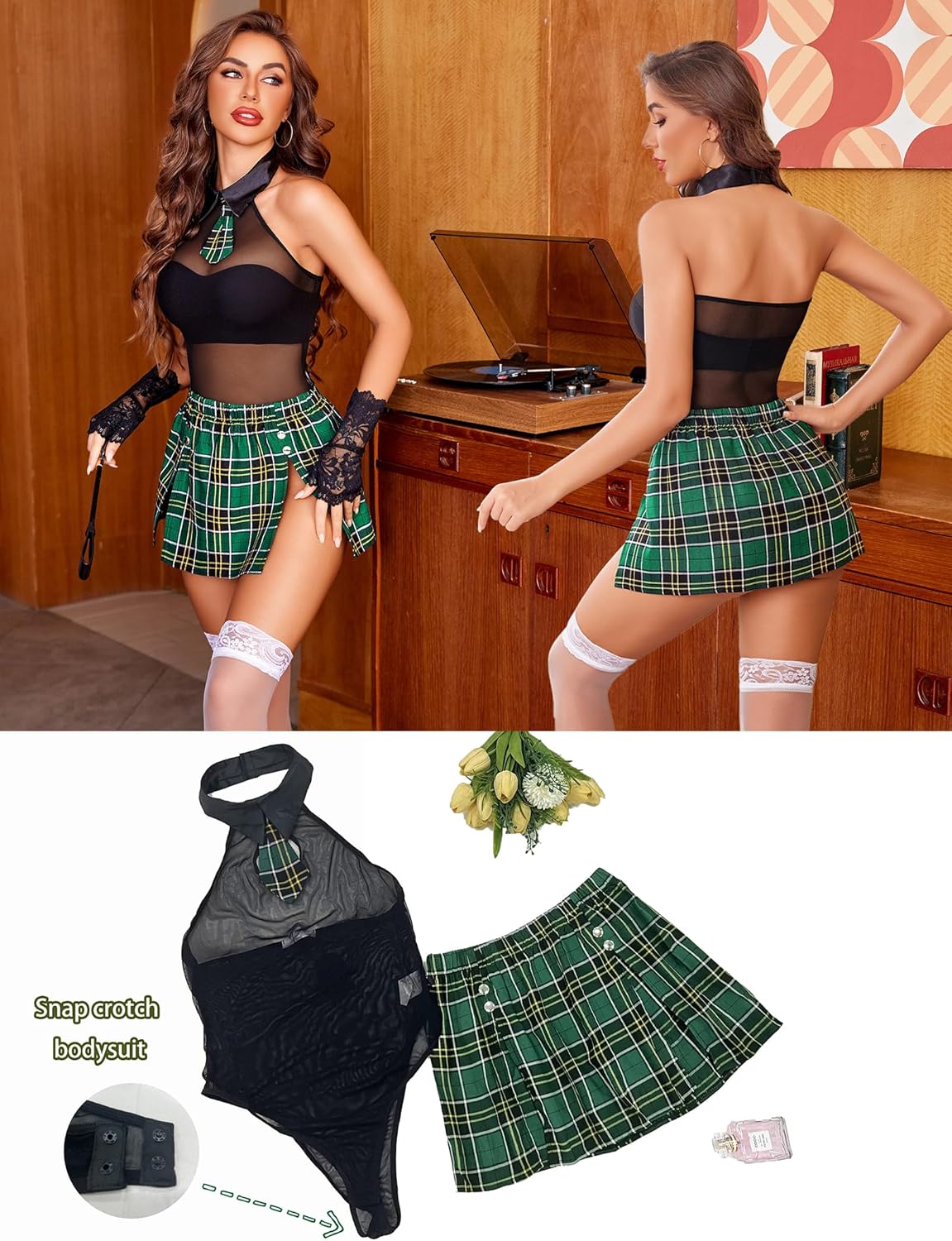 Halter Mesh Bodysuit with Slit Mini Skirt Lingerie Sets-Skirt Sets - Tophatter Daily Deals