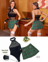 Halter Mesh Bodysuit with Slit Mini Skirt Lingerie Sets-Skirt Sets - Tophatter Daily Deals